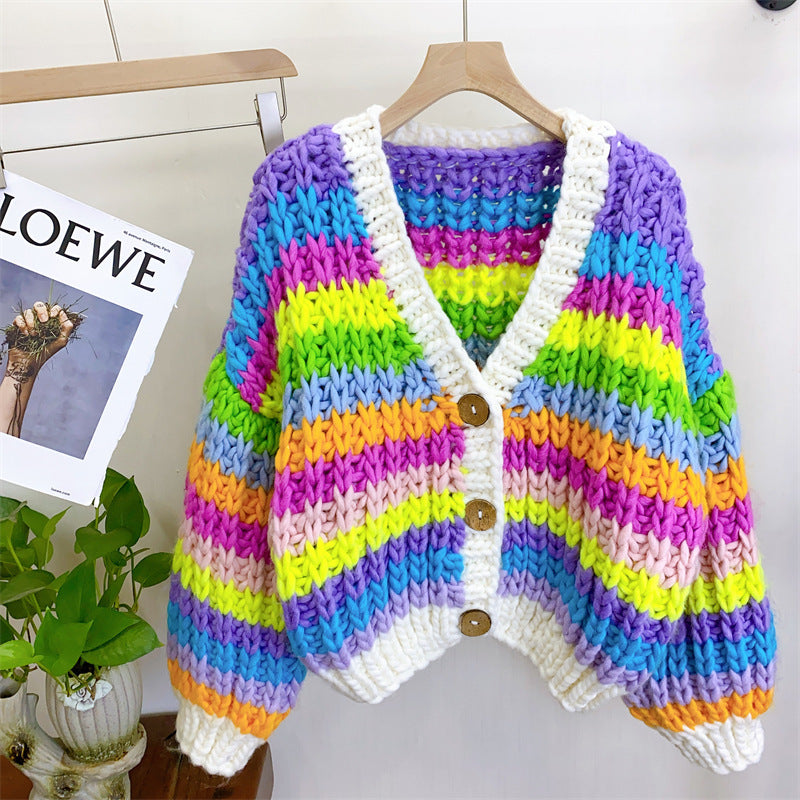 Handgewebter Pullover mit Regenbogen-Farbblockierung für Damen