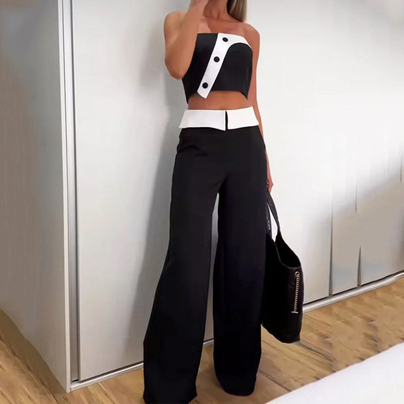 Fashion Hot Girl Vest High Waist Wide Leg Pants Color Matching Suit