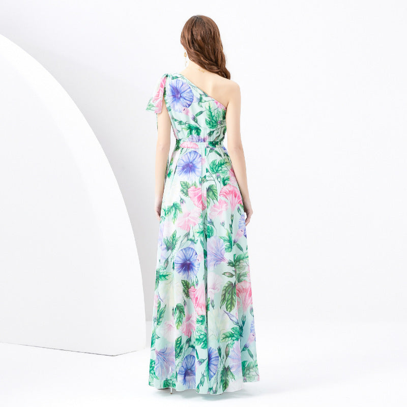 Vacation Style One-shoulder Sleeveless Ribbon Long Wide Swing Printed Dress