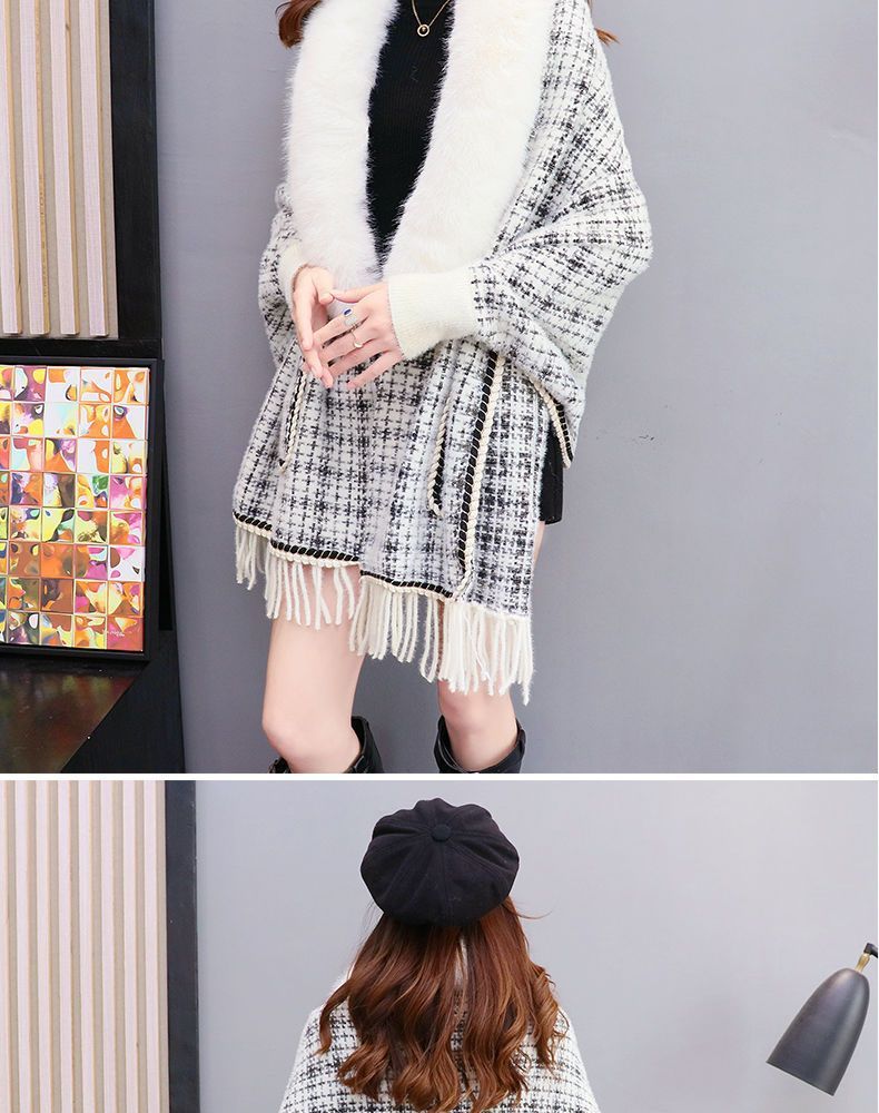 Autumn And Winter New Imitated Mink Cashmere Fur Collar Cape And Shawl Plus Size Tassel Knitted Cardigan