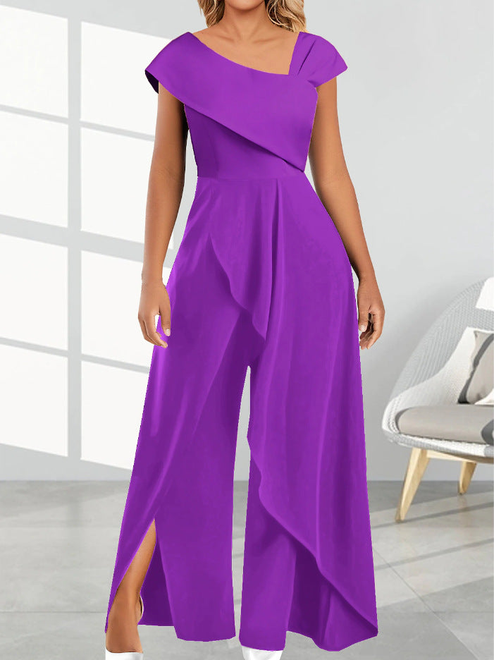 Women's Fashion Temperament Diagonal Collar Solid Color Jumpsuit