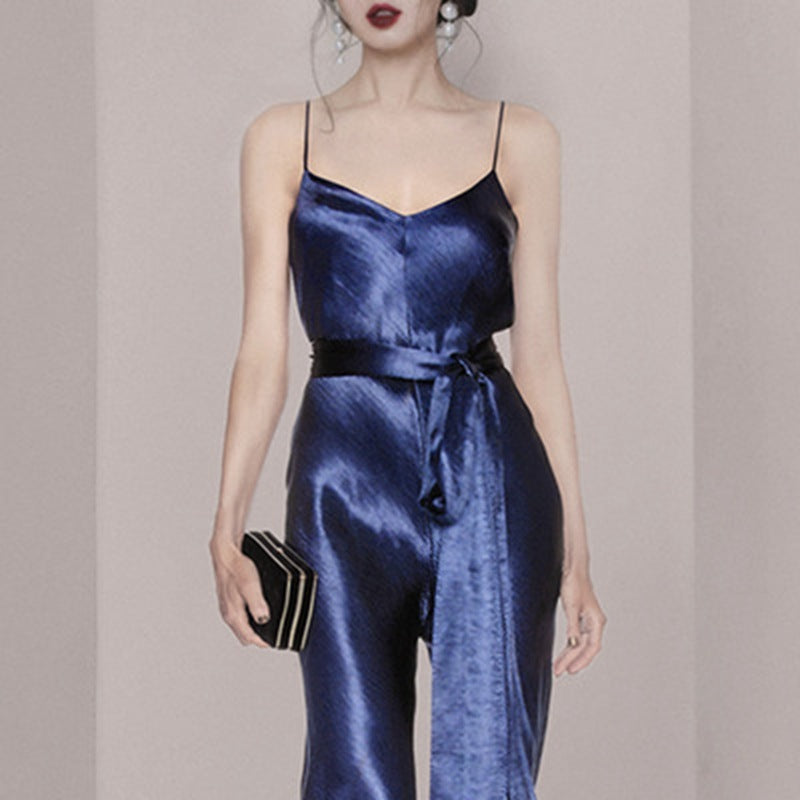 High-waisted Satin Blue Suspender Jumpsuit