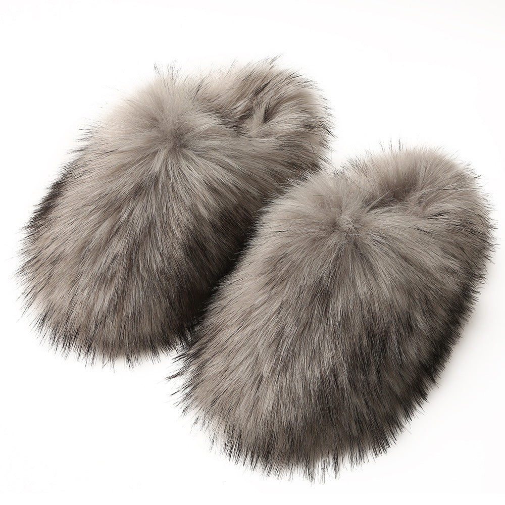 European And American Fluffy Slippers Women's Autumn And Winter Home Fleece-lined Warm Artificial Fur