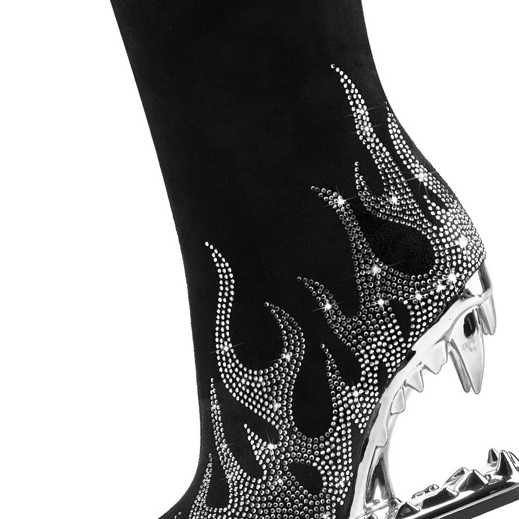 Europäischen Und Amerikanischen Stil Tiger Zahn Profilierte Ferse Dünne Stretch Stiefel Strass Flamme