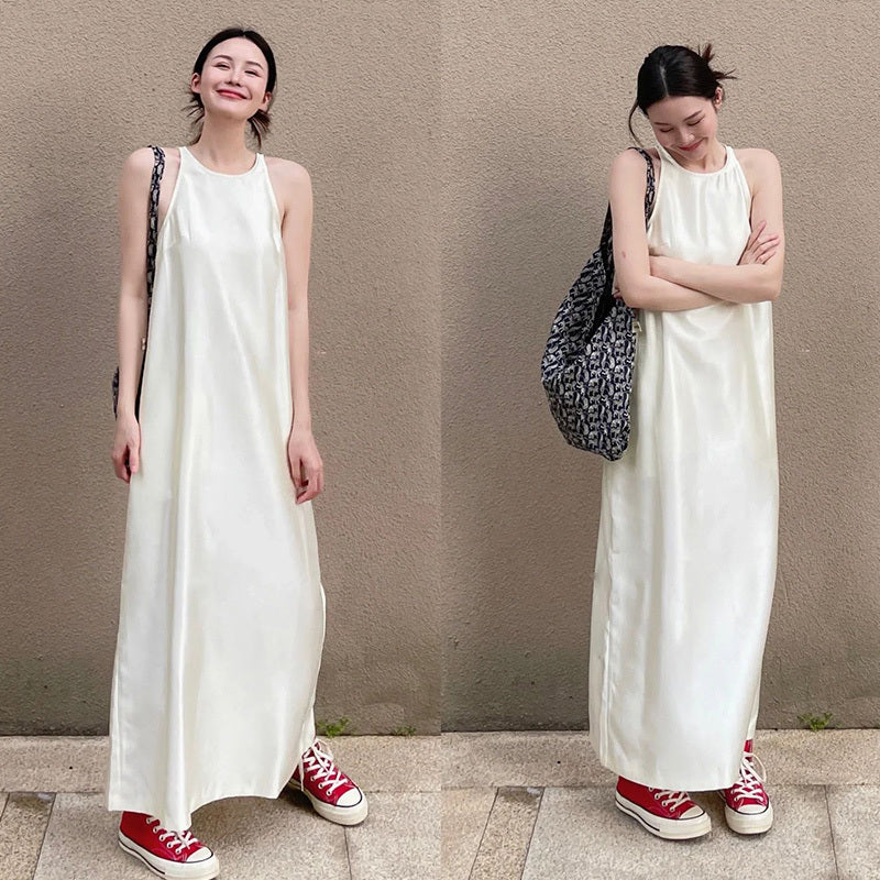 Acetate Simple Solid Color Niche Sleeveless Long Jumper Dress