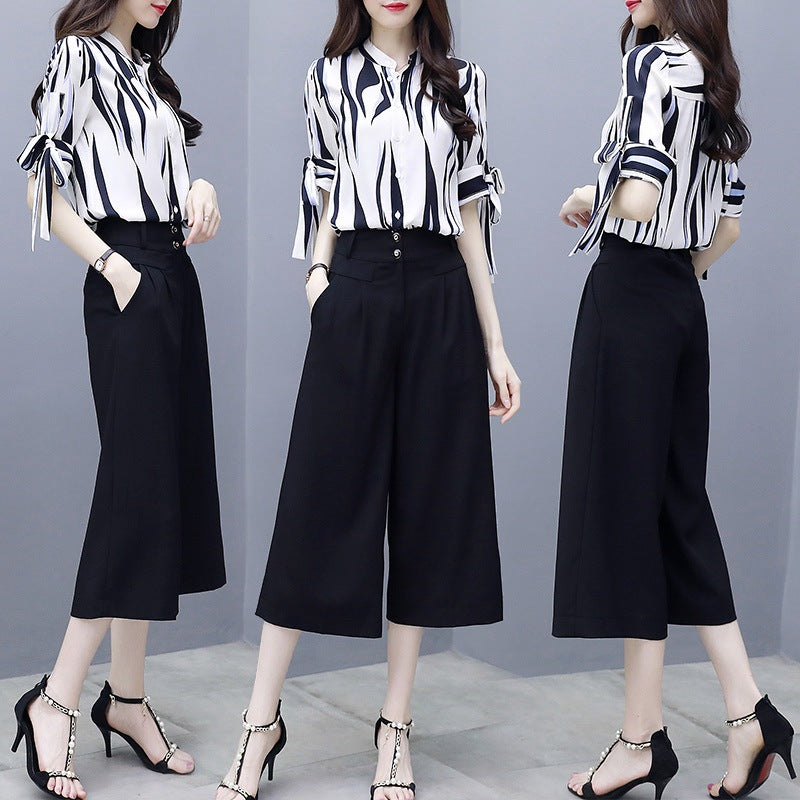 Chiffon shirt plus size thin wide leg pants two-piece suit