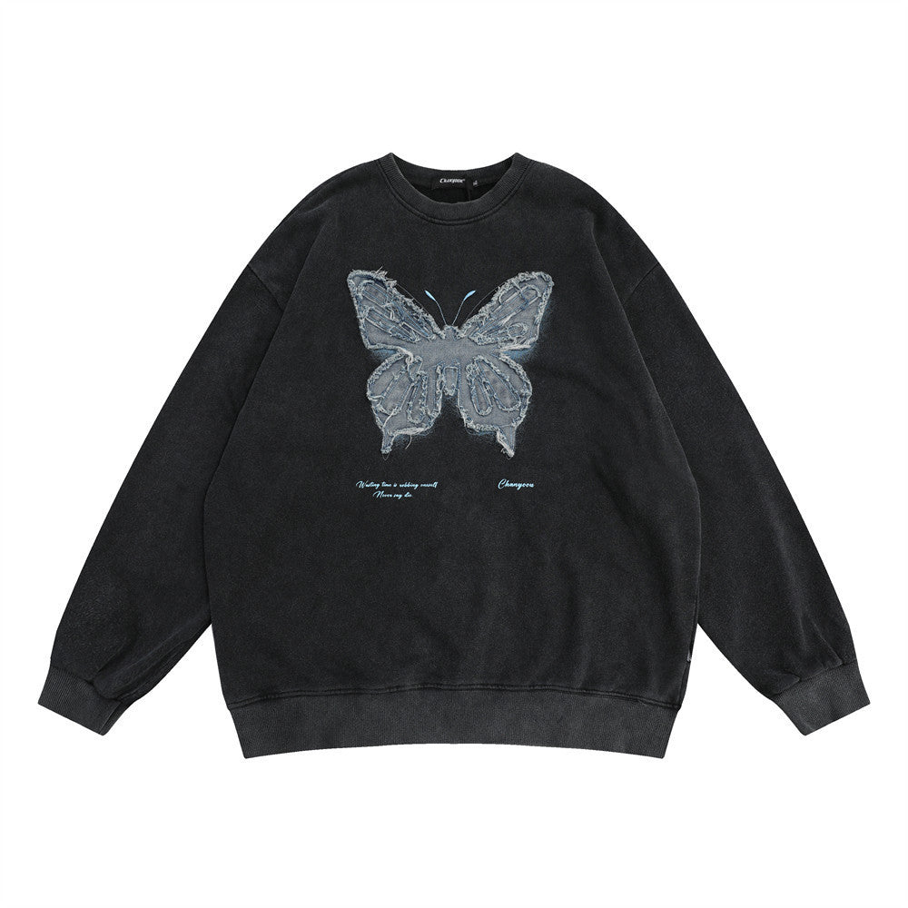 Denim Schmetterling Patch Rundhals Pullover Herbst Lose Straße