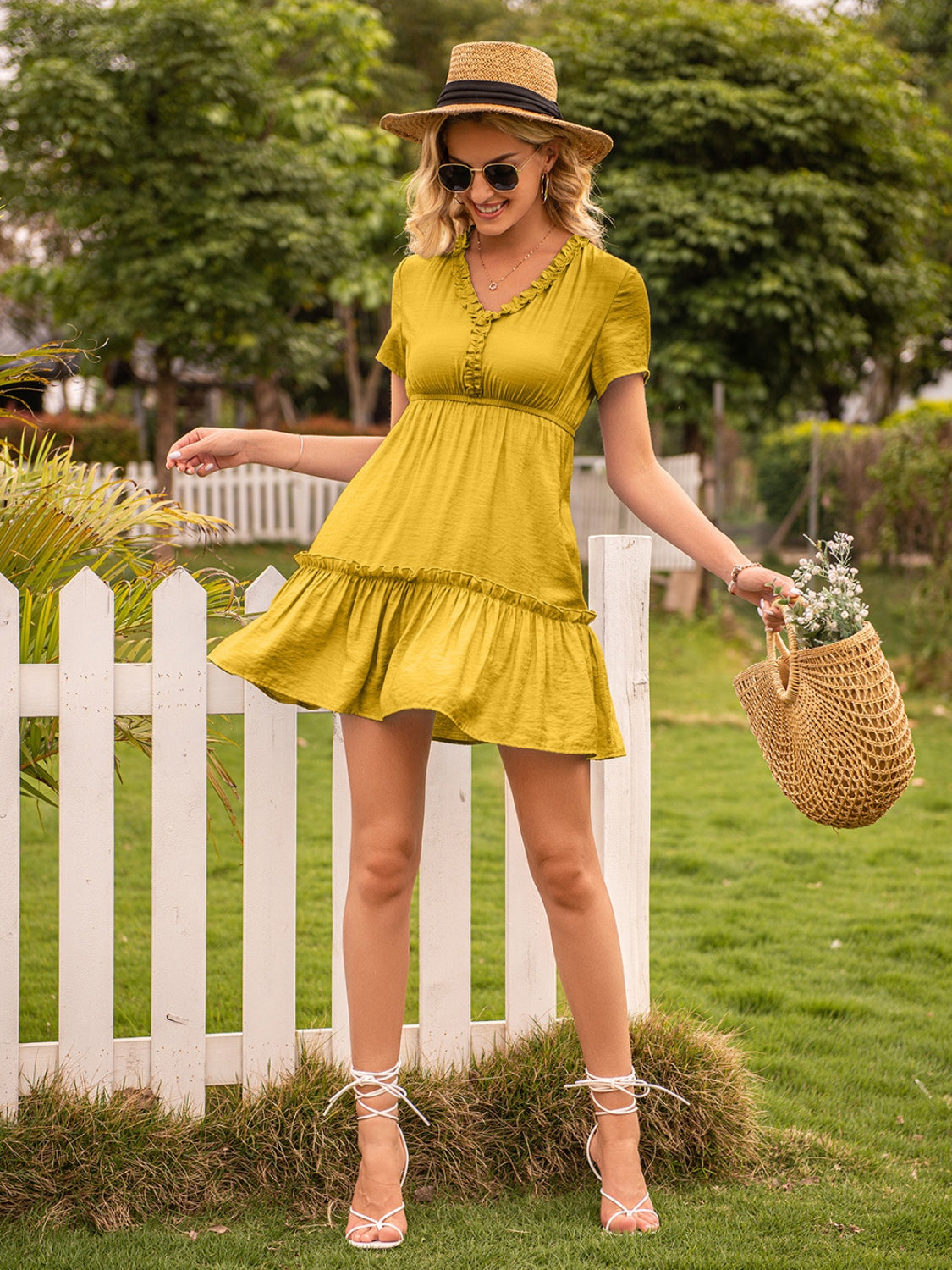 Frill V-Neck Short Sleeve Ruffle Hem Dress