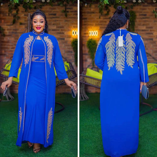 Afrikanisches elegantes Kleid, 2-teiliges Set vorne und hinten, Strass-Stehkragen, Langarm-Kleid