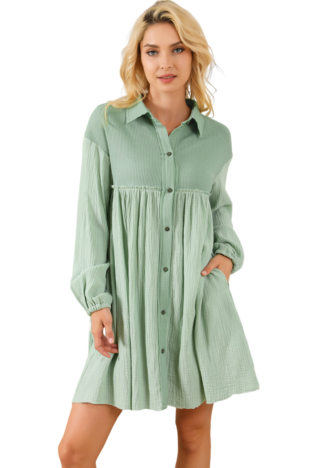 Green Patchwork Crinkle Puff Sleeve Shirt Dress