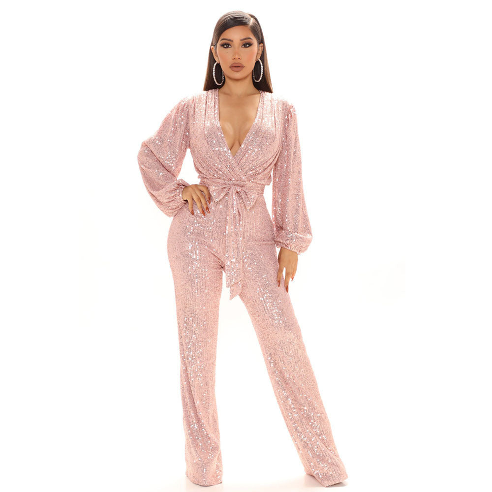 Women's Sequined Deep V-neck Long-sleeved Jumpsuit Trousers