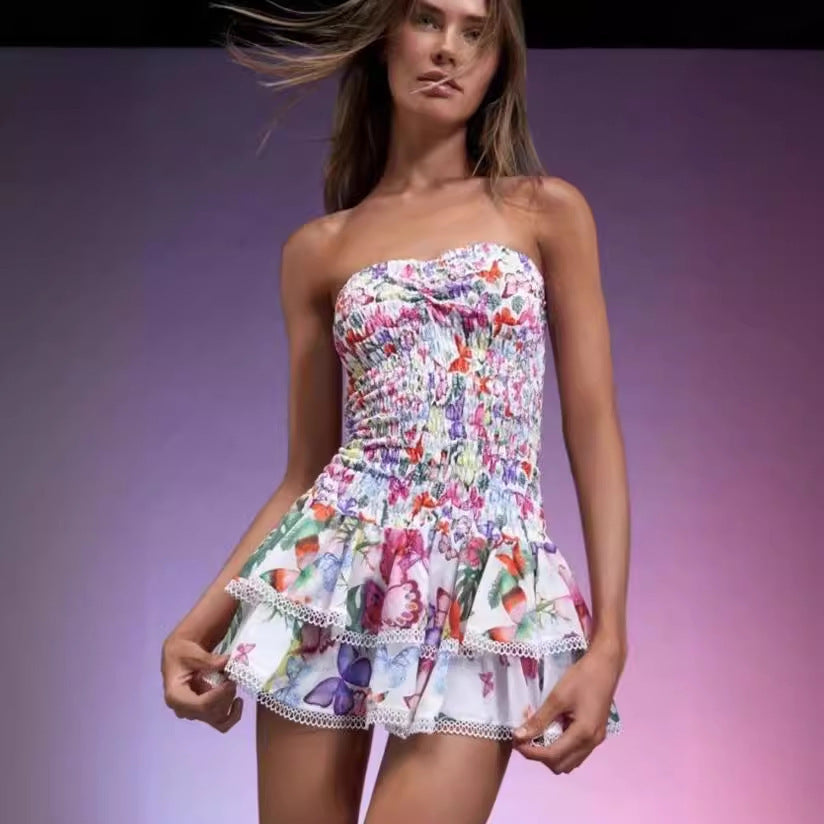 Vestido de pastel con cintura elástica y estampado de mariposa dulce sin tirantes halter