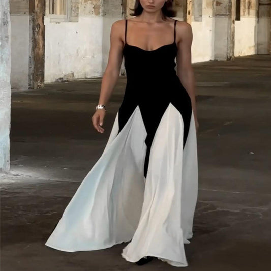 Women's Sling Color Contrast Patchwork Off-the-shoulder Printed Dress