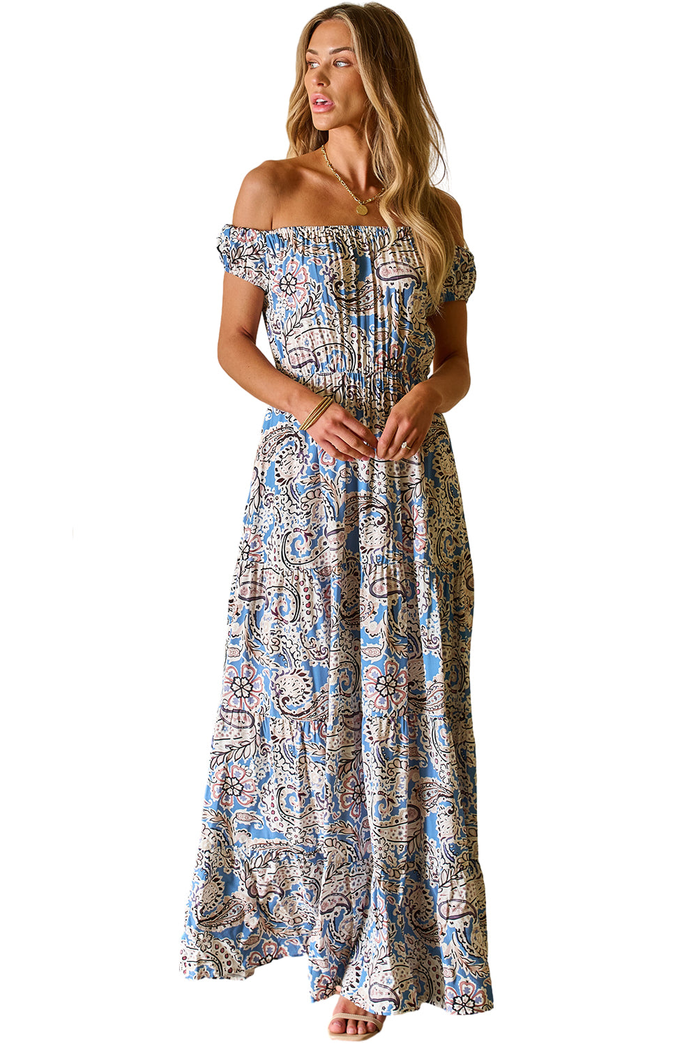 Blaues schulterfreies Maxikleid mit Boho-Paisley-Print