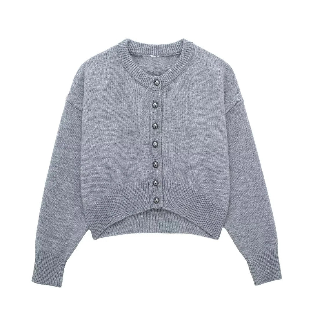 Female Gray High Waist Short Decorated Row Button Knitted Coat