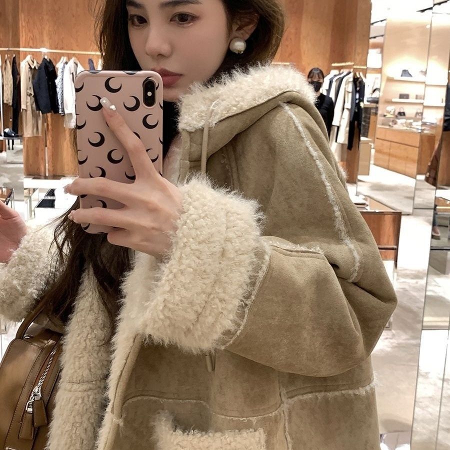 Hooded Suede Fur Lamb Warm Leisure Slimming Coat