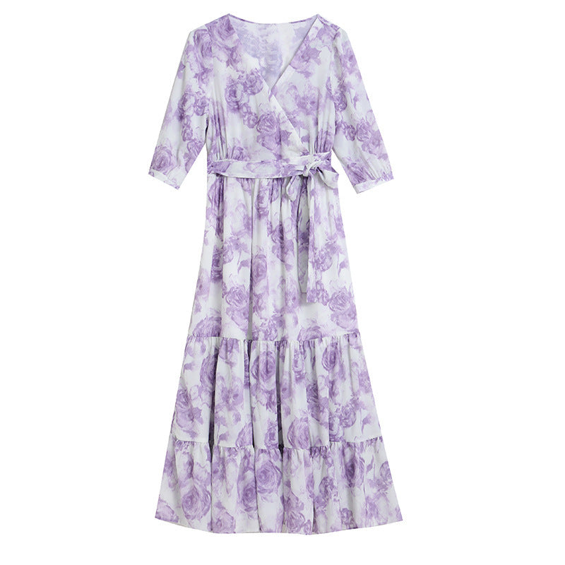 Women's Waist Trimming Printing Chiffon Dress