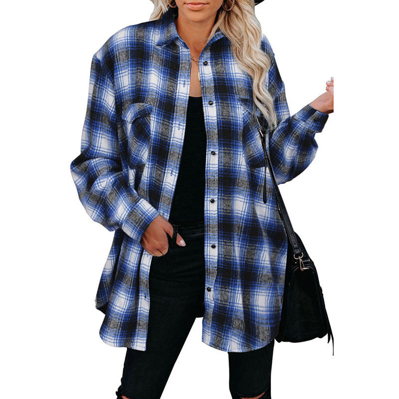 European And American Women's Plaid Mid-length Loose Lapel Cardigan Shirt