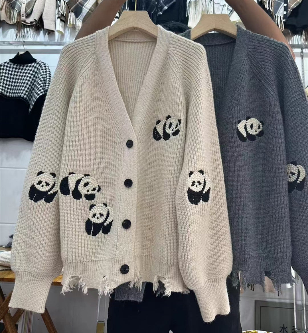 Heavy Industry Panda bestickter Cardigan-Pullover, lockerer und fauler Stil