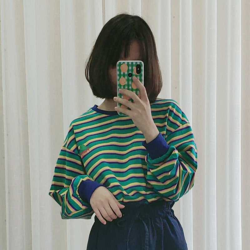 Striped Long Sleeve Top Women's T-Shirt Student Round Neck Pullover Sweater