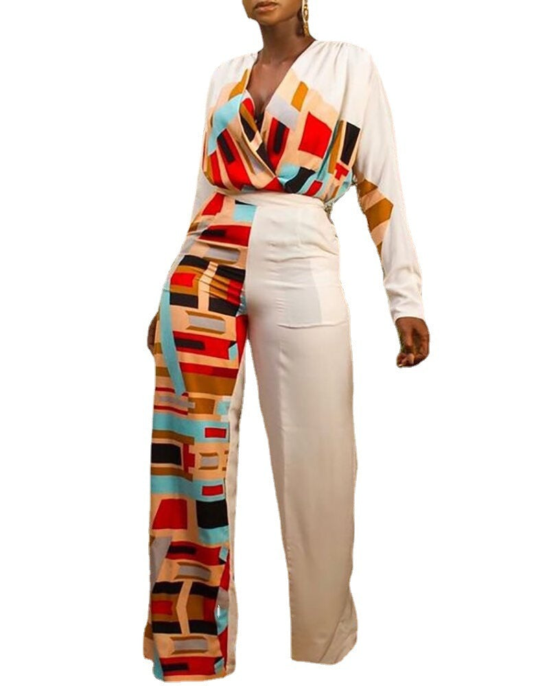 Piernas anchas ajustadas de cintura alta con costuras estampadas a la moda de una pieza para mujer