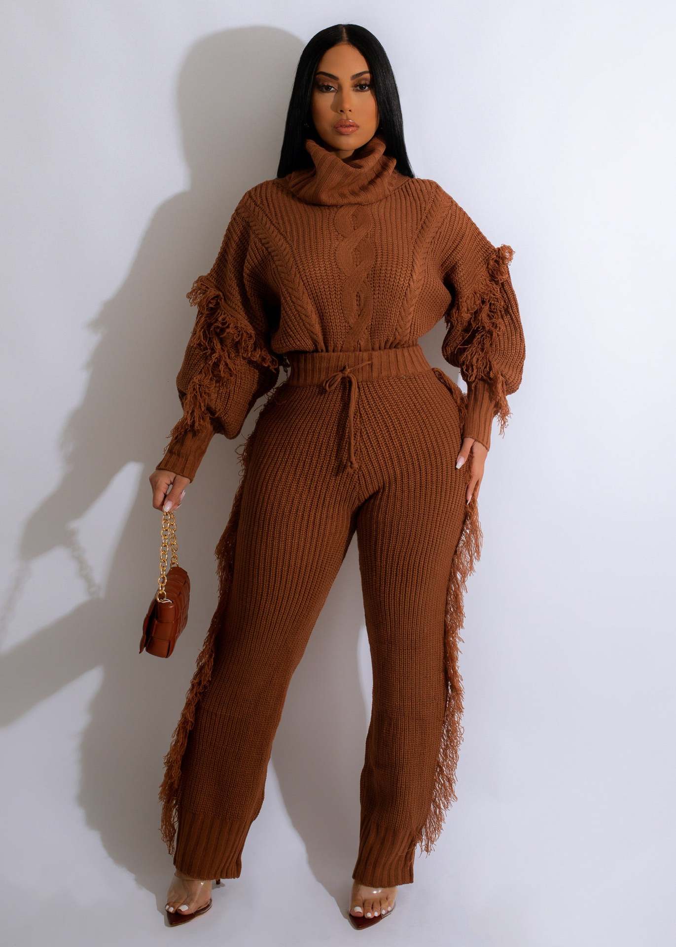 Casual Solid Color Knitted Long Sleeve Turtleneck Tassel Suit