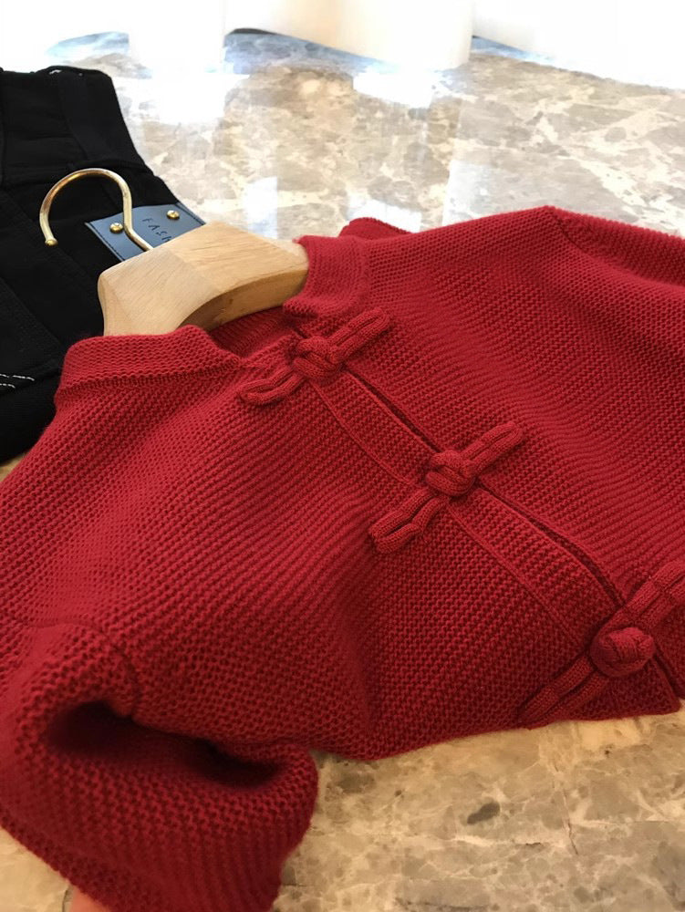 Chinesischer roter neuer Strickjackenpullover mit Schnalle im chinesischen Stil für Frauen