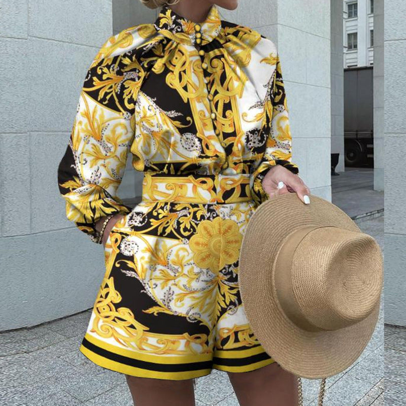 Women's Printed Long-sleeved Top Shorts Suit