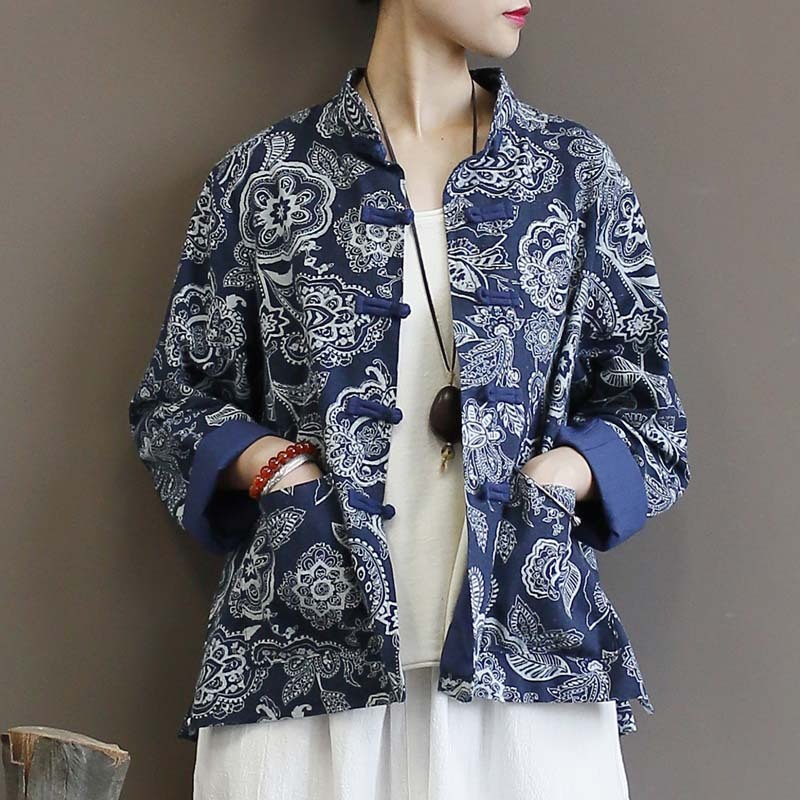 Jacke aus Baumwolle und Leinen für Damen, Ethno-Stil, blauer Calico-Cardigan