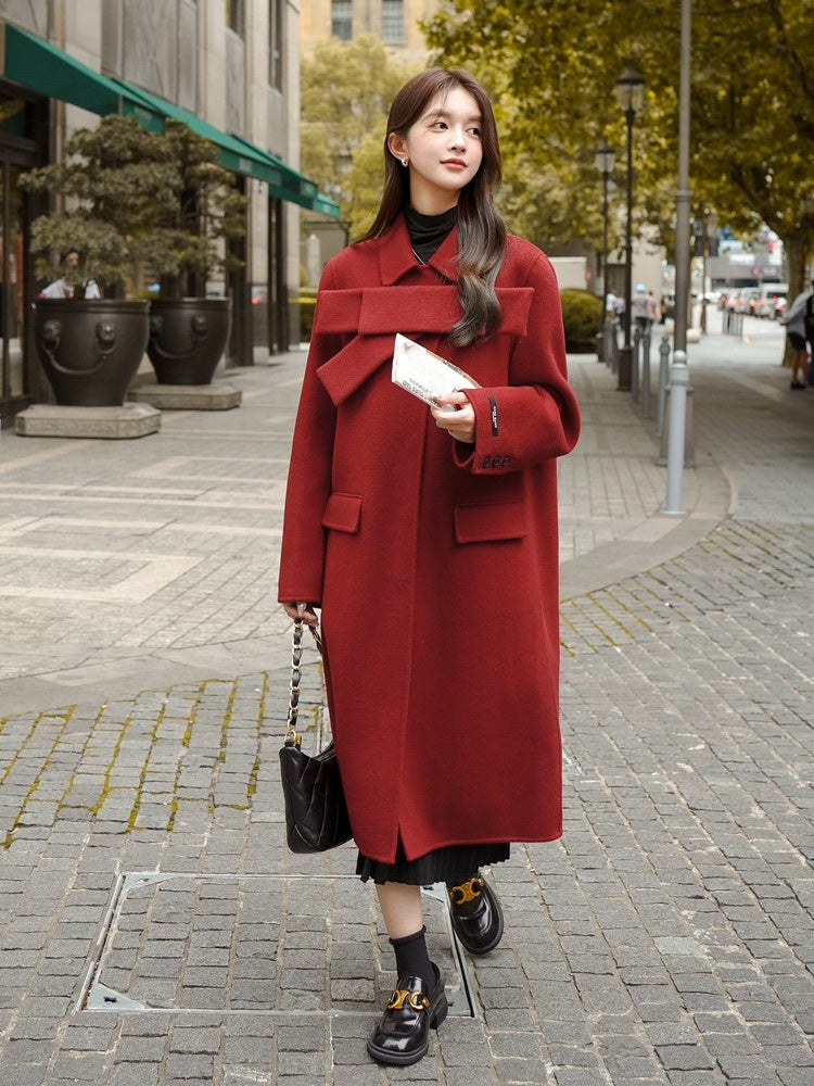 Women's Red Bowknot Woolen Coat Autumn Winter New Coat
