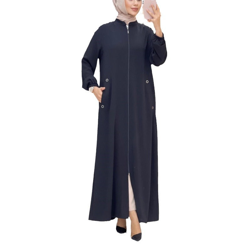 Modisches Damen-Kleid mit Stehkragen und Reißverschlusstasche, lockeres Freizeitkleid