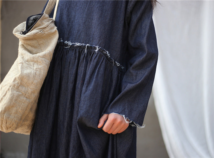 Spring Denim Blue High Waist Pleated Loose Burrs Dress