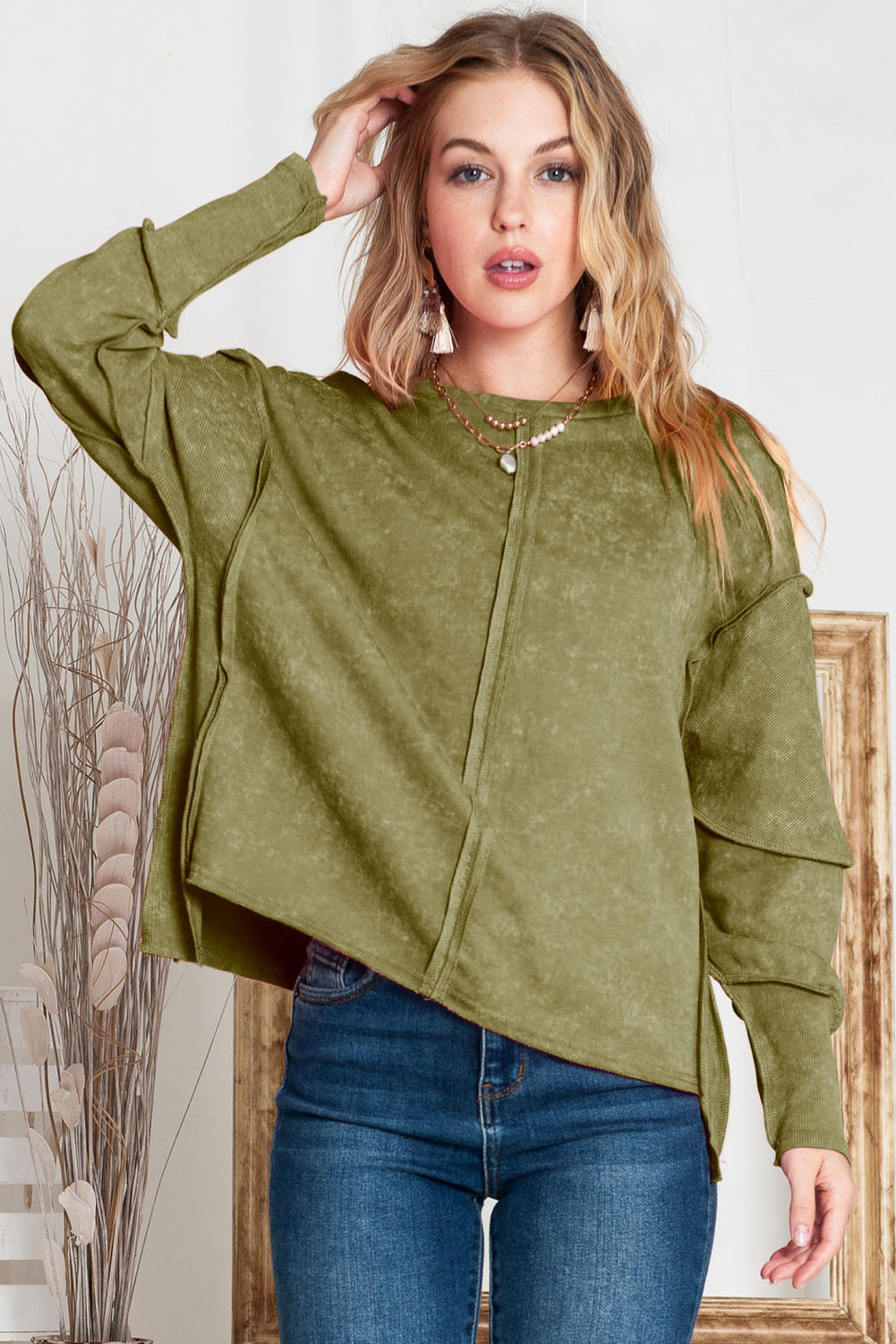 Full Size Exposed Seams Round Neck Dropped Shoulder Sweatshirt