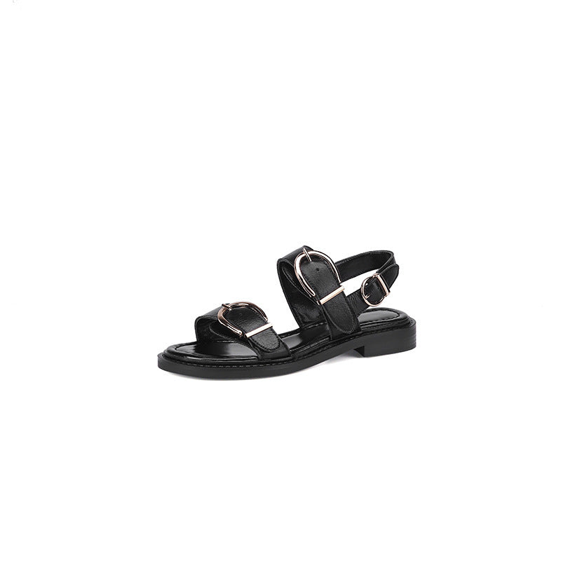 Sandalen mit Knöchelriemen und Gürtelschnalle, Fersenriemen, niedriger Absatz, klobiger Absatz, Rindsleder