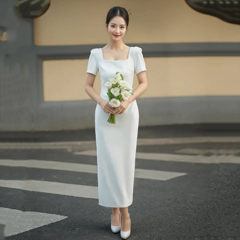 Vestido delgado elegante de boda ligero de manga corta con cuello cuadrado francés