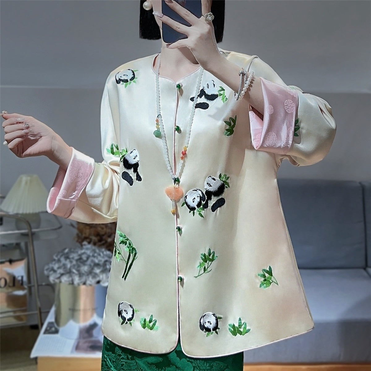 Women's Fashion Color Contrast Embroidered Panda Coat Top