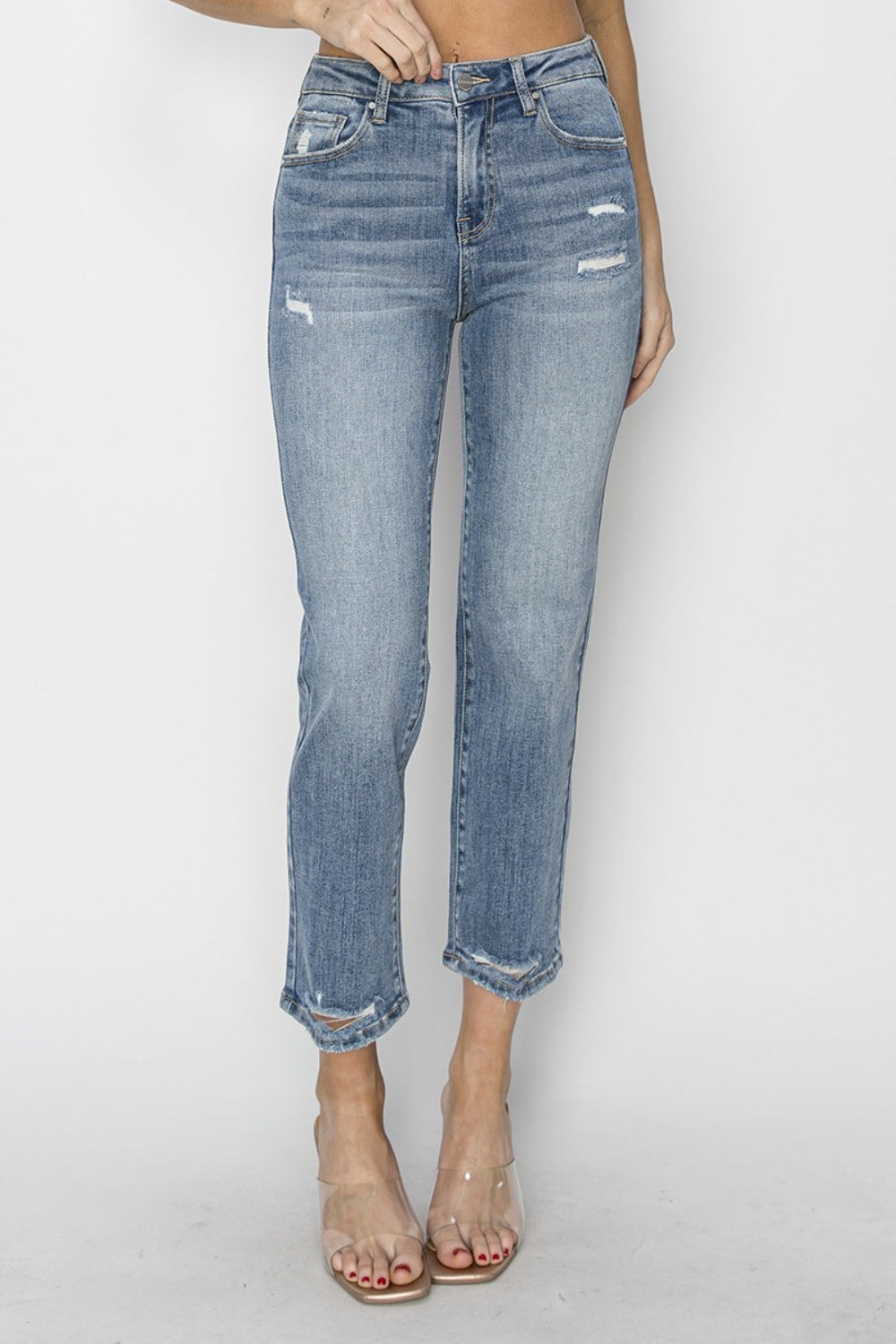 RISEN Distressed-Cropped-Jeans in voller Größe mit hoher Taille