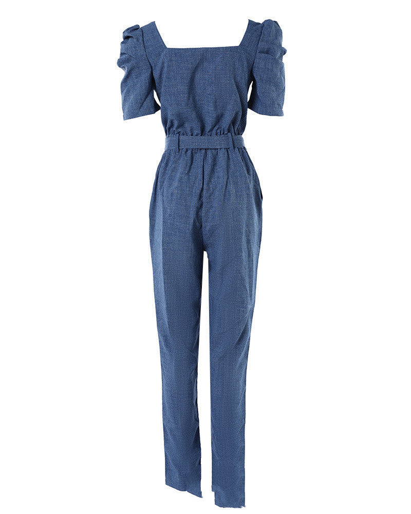 Europäischer und amerikanischer Jumpsuit mit Puffärmeln und Schnürung für Damen