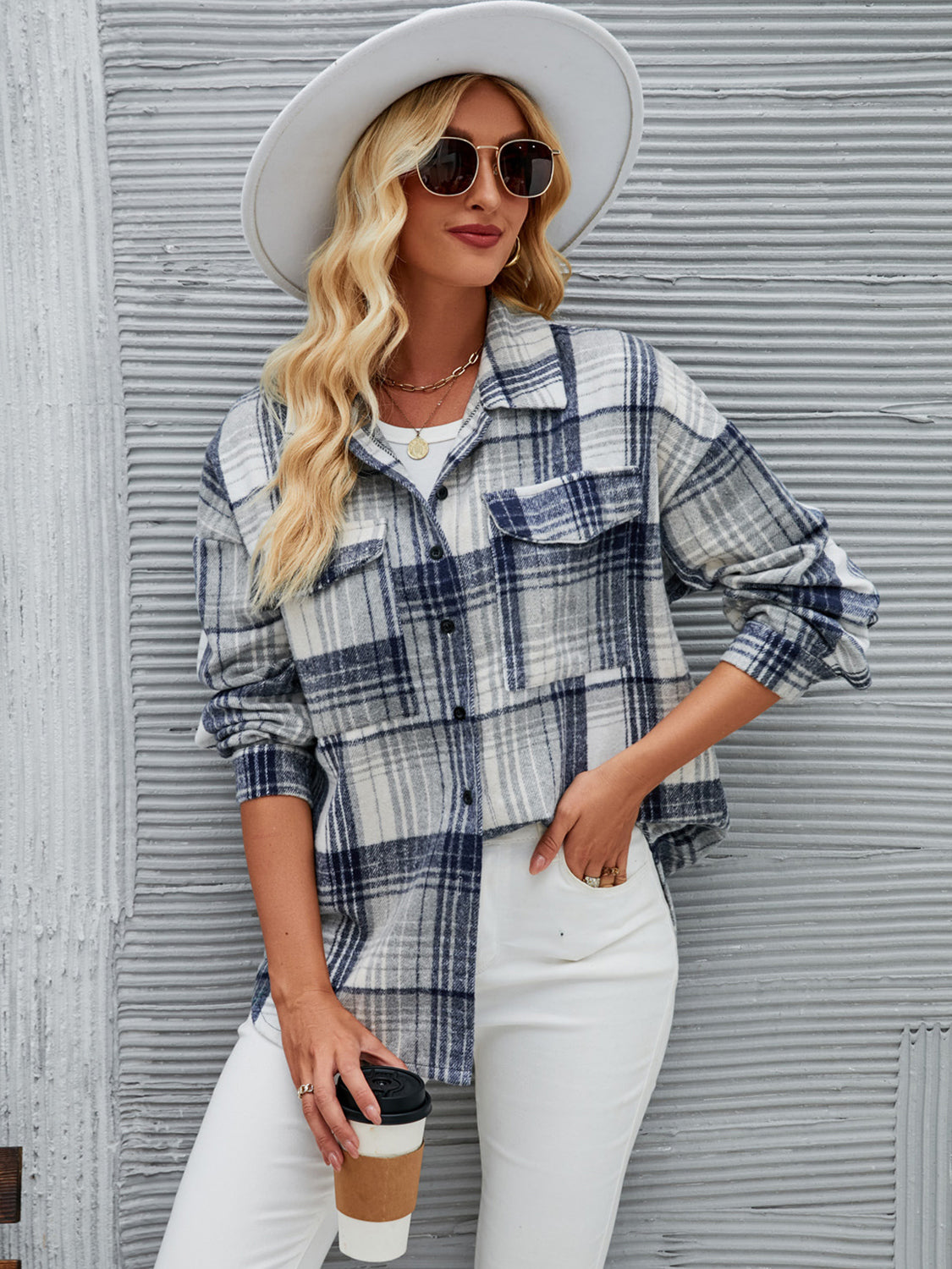 Plaid Pocketed Button Up Dropped Shoulder Jacket