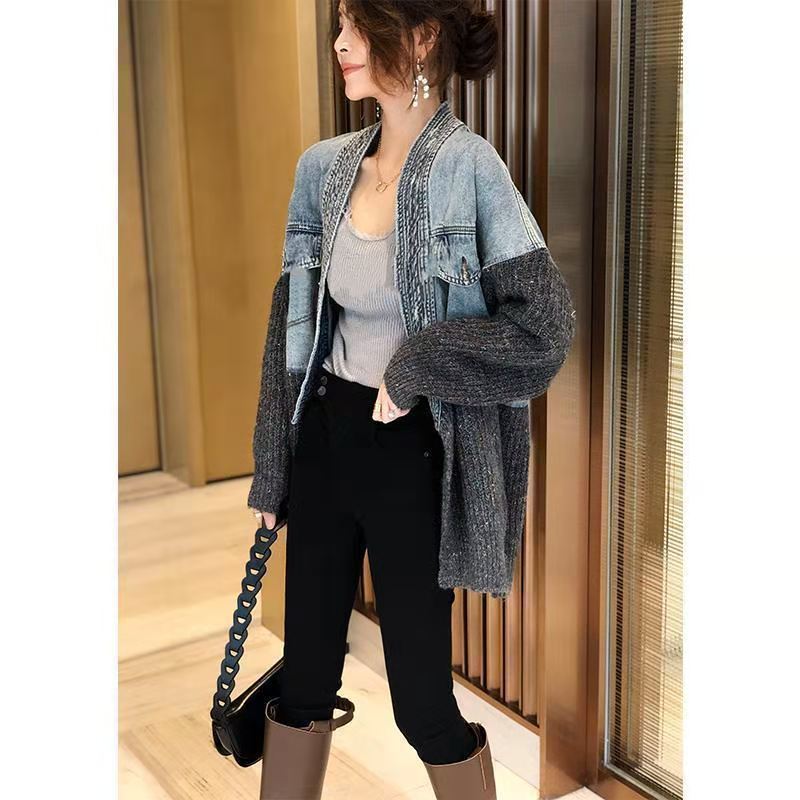 Design Stitching Denim Jacket Women's Knitted Cardigan