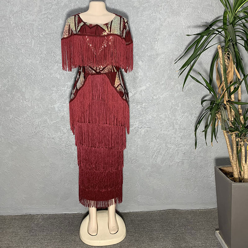 Women's Sequined Stretch Fabric Multi-layer Dynamic Tassle Fashion Long Dress