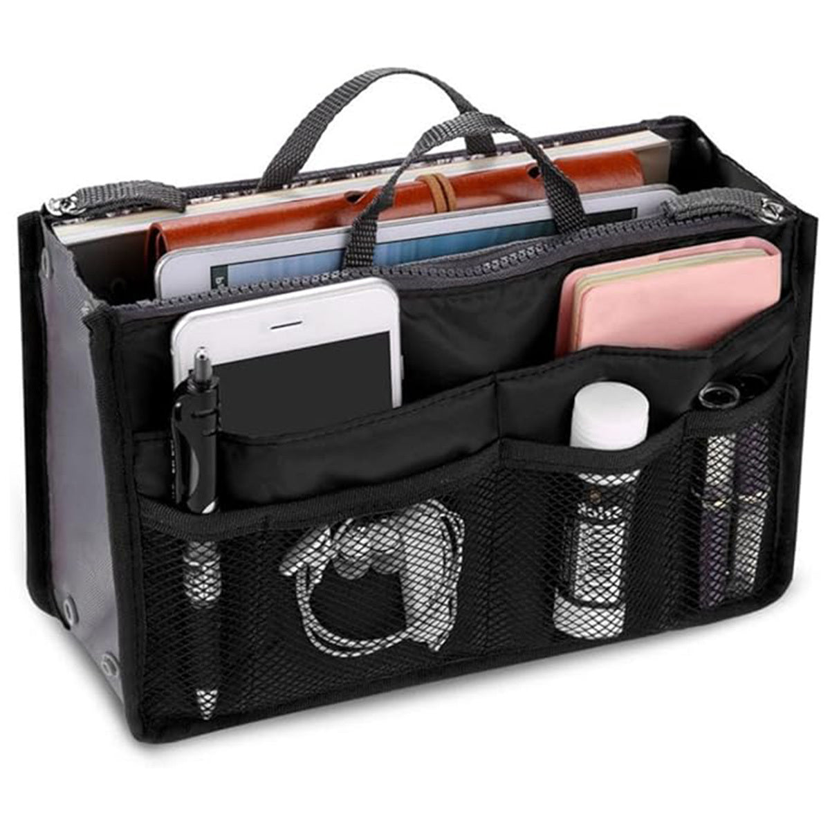 Handtaschen-Organizer-Einsatz für Damen mit 13 Taschen, großes Fassungsvermögen, Futter mit Reißverschluss, Griff, tragbare Damen-Geldbörse, Tasche für Reisedokumente, Karten, kleine Gegenstände