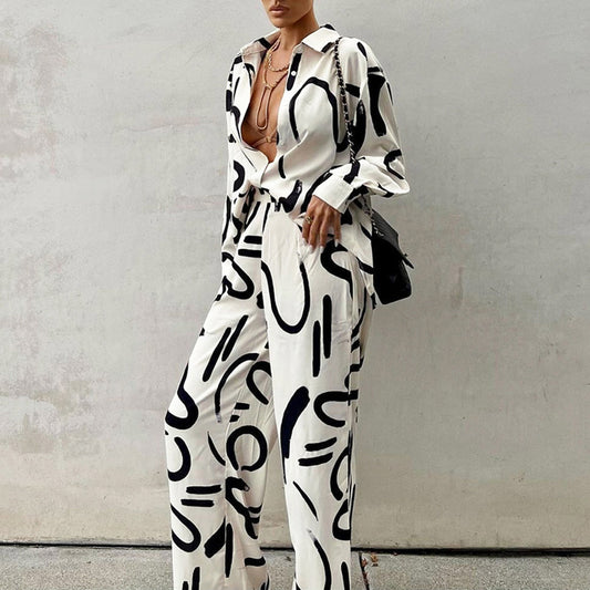 Black And White Printed Long-sleeved Shirt High Waist Wide-leg Pants Two-piece Set