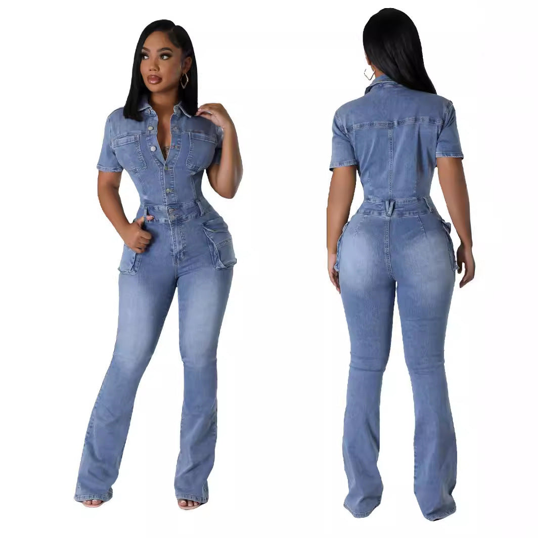 Denim-Overall für Damen mit verwaschenem Kurzarm