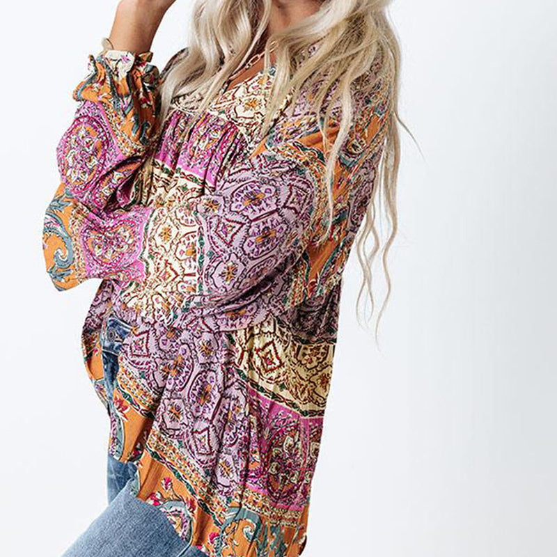 European And American Women's Clothing New Top Bohemian Multicolor Printed Casual Shirt V-neck Puff Sleeve Pullover