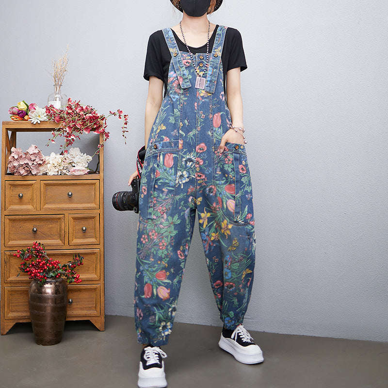 Women's Printed Denim Suspender Pants