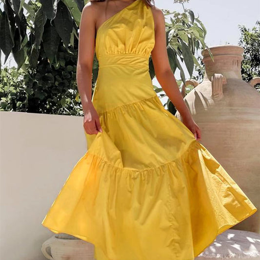 Fashion Off-the-shoulder Swing High Waist Pure Color Irregular Dress