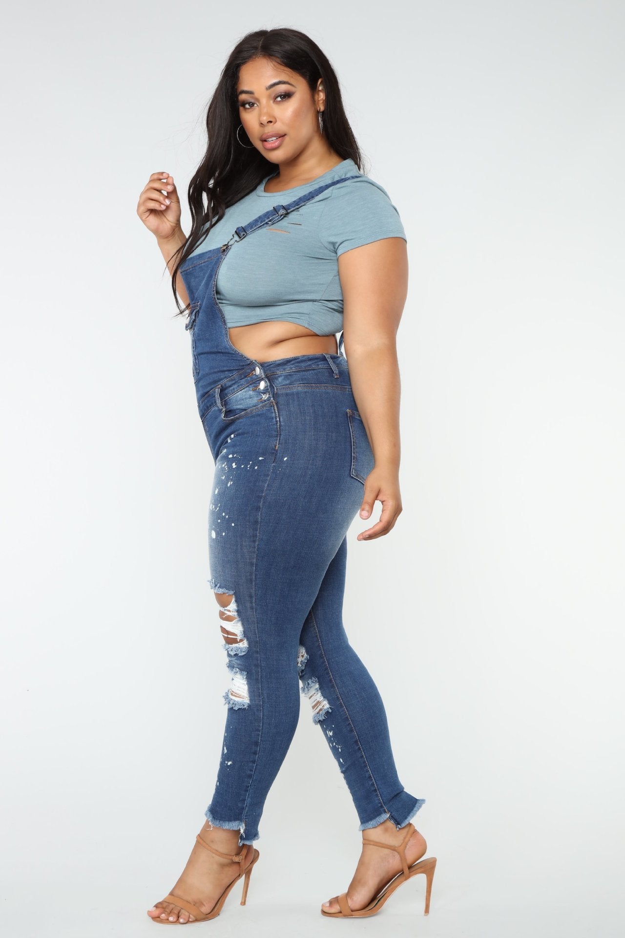 European And American Plus Size Elastic Ripped Overalls