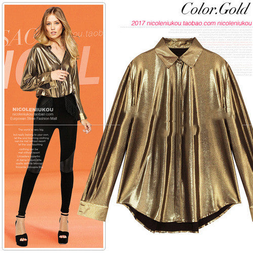 Women's Spring And Autumn Retro  Design Sensual Loose Gold Long-sleeved Shirt
