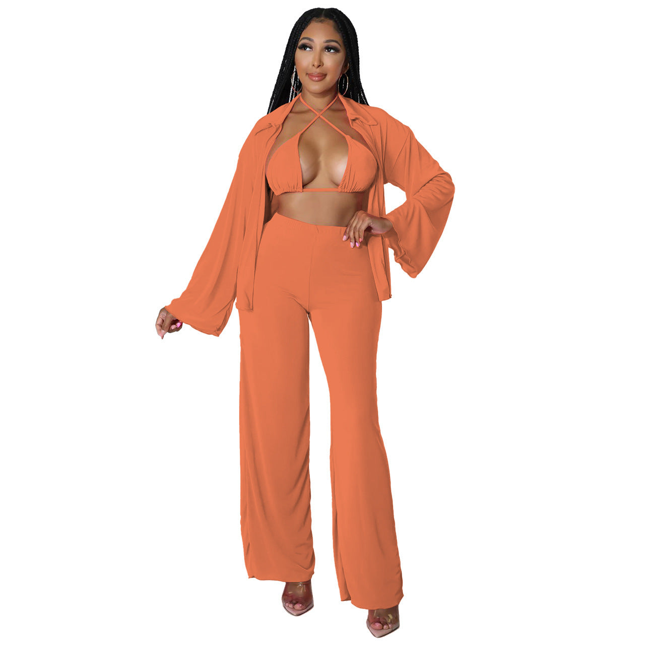 Women's Fashion Casual Long Sleeve Bikini Wide Leg Pants Suit